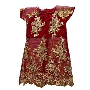 Traditional Vietnamese Red Dress with Gold Floral Embroidery, 5